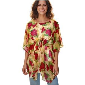 California Woman Floral Tan & Red Floral Free Size Top or Swimsuit Coverup NWT